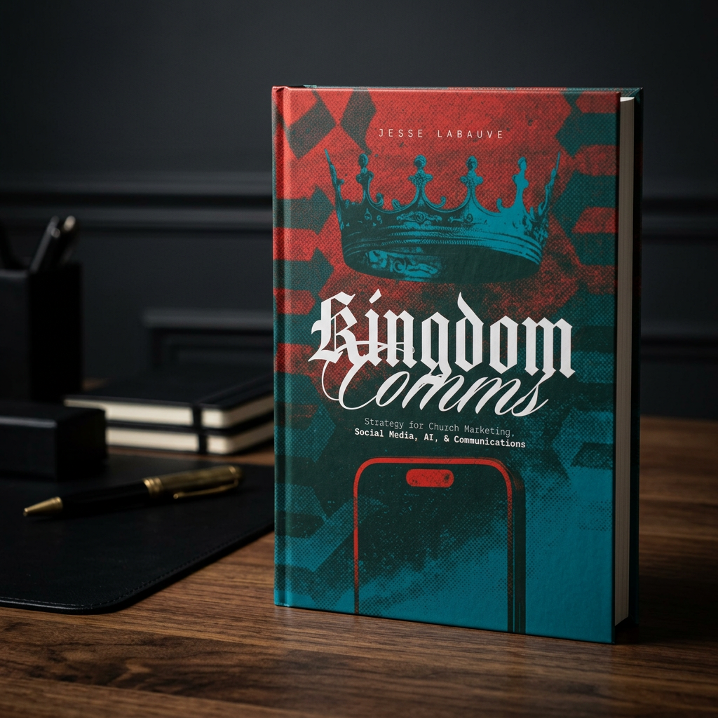 Kingdom Comms hardcover book standing on a dark walnut desk